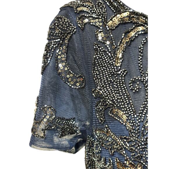 XSCAPE NWT Embellished Chiffon Evening Dress Size 8 Navy Sequin Formal Ball Gown - Picture 4 of 10